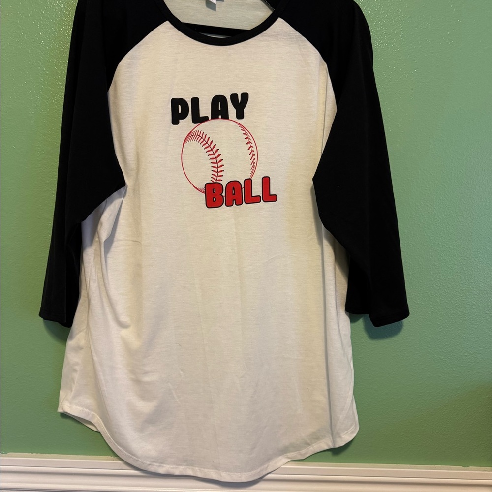 LuLaRoe Long Sleeve Tee in White with Black Sleeves and Bold PLAY BALL Graphic
